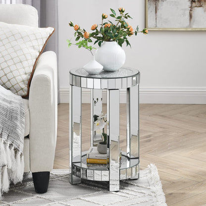 Round Silver Mirrored End Table - Living Room Coffee Table