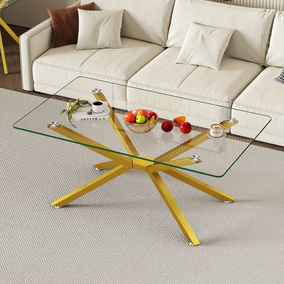 Modern Tempered Glass Coffee Table with Metal Legs for Living Room