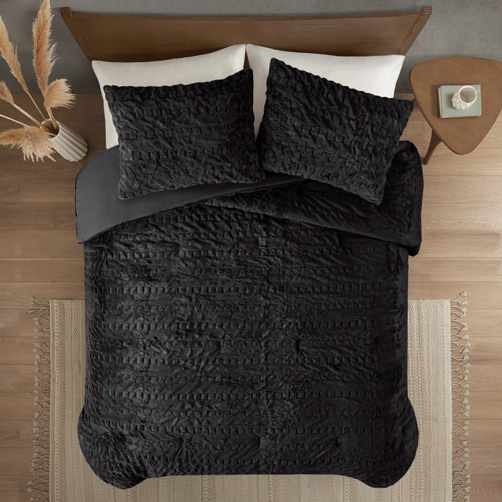 Queen Ruched Fur Comforter Set - Black Polyester