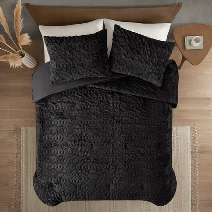 Queen Ruched Fur Comforter Set - Black Polyester