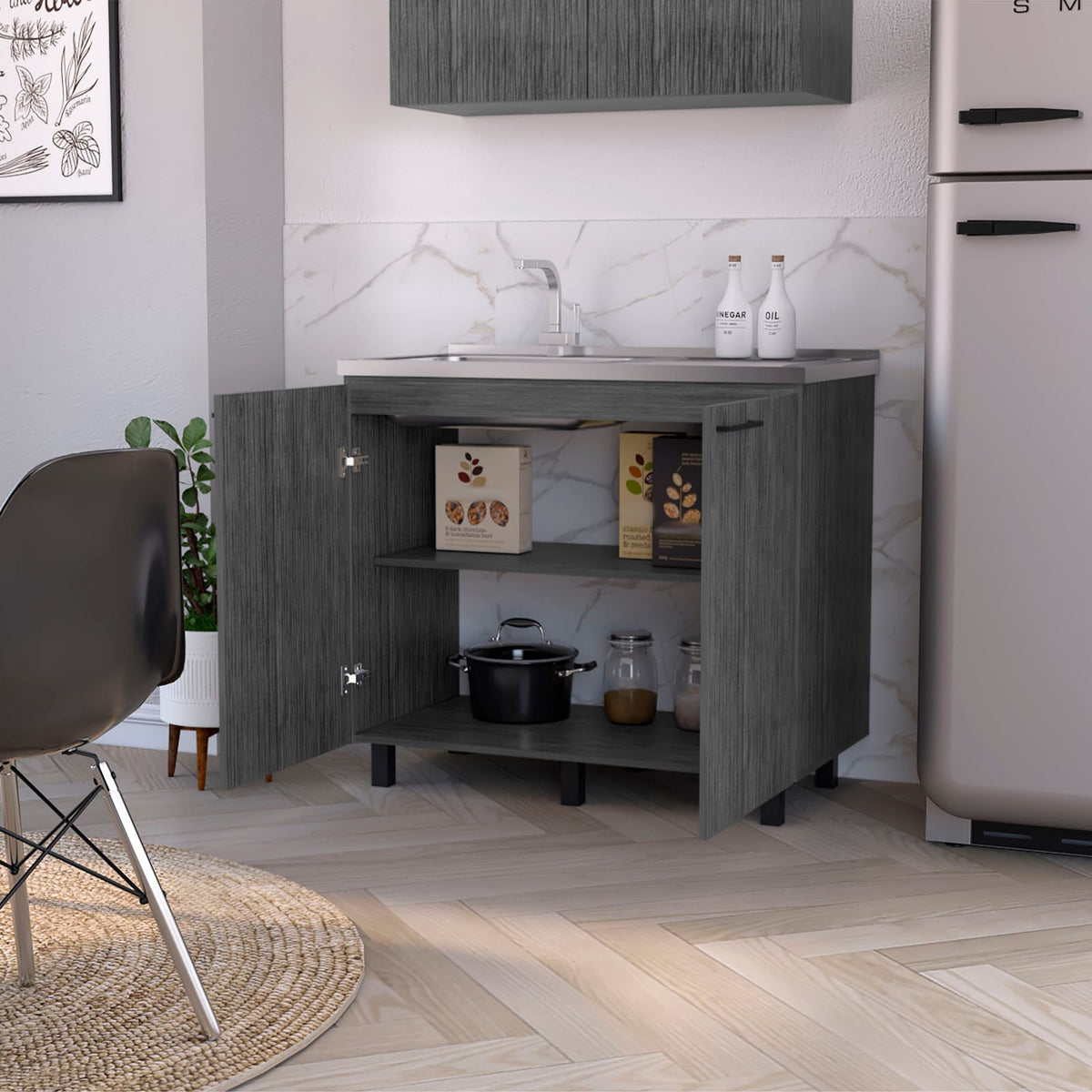 Modern Gray Particle Board Kitchen Sink Cabinet with Interior Storage