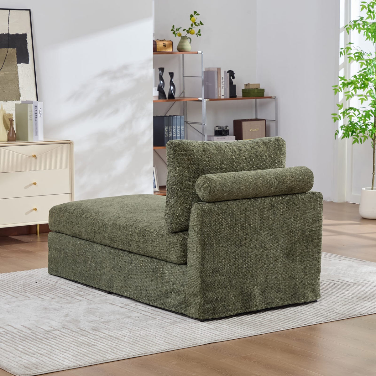 Green Chenille Modular Sofa Bed with Cushions for Living Rooms