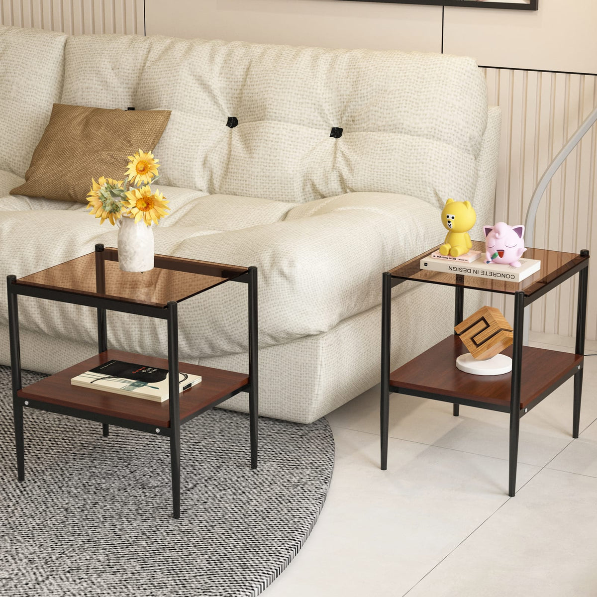 Set of 2 Rectangle End Tables - Brown Tempered Glass