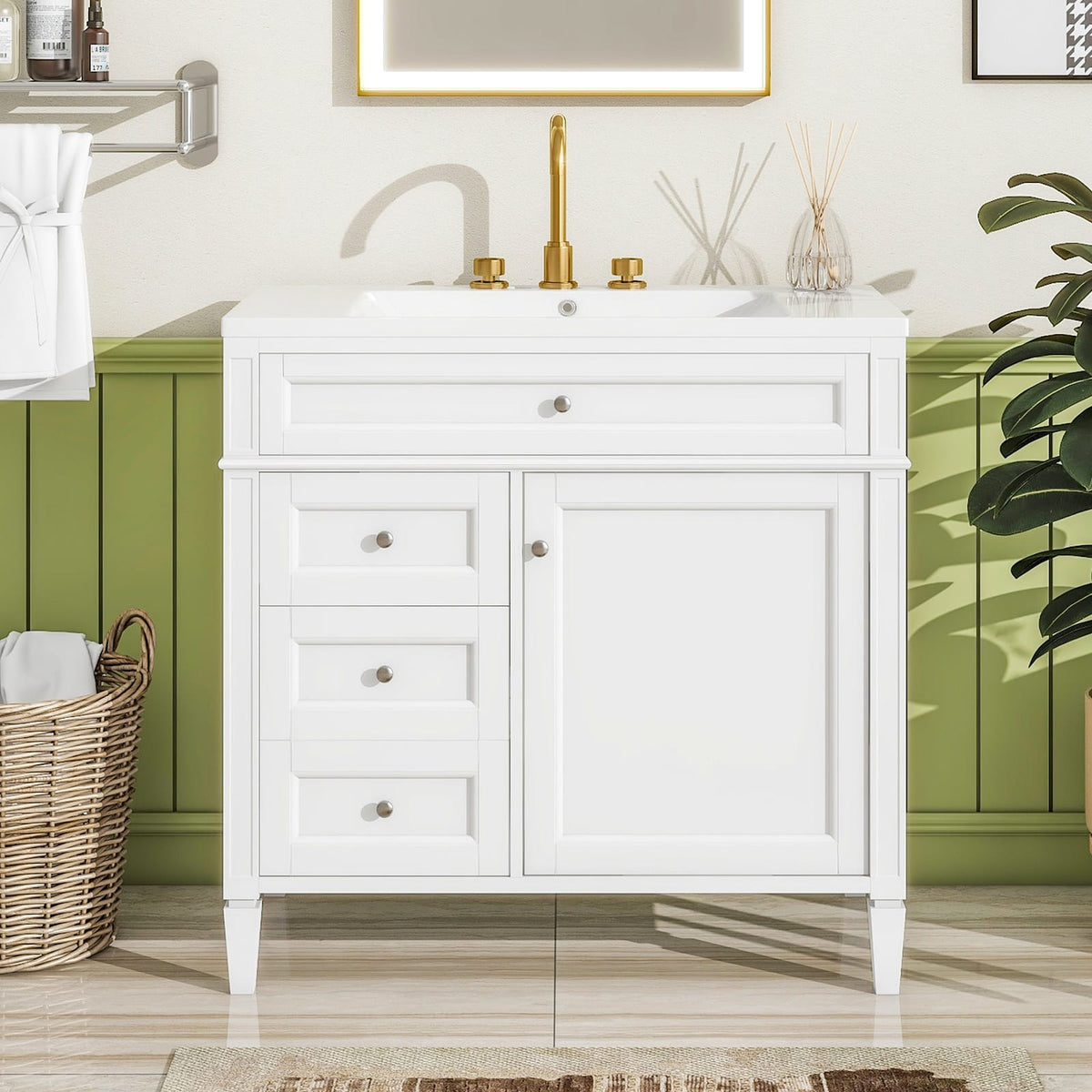 36" White Ceramic Bathroom Vanity with Storage - Modern Design