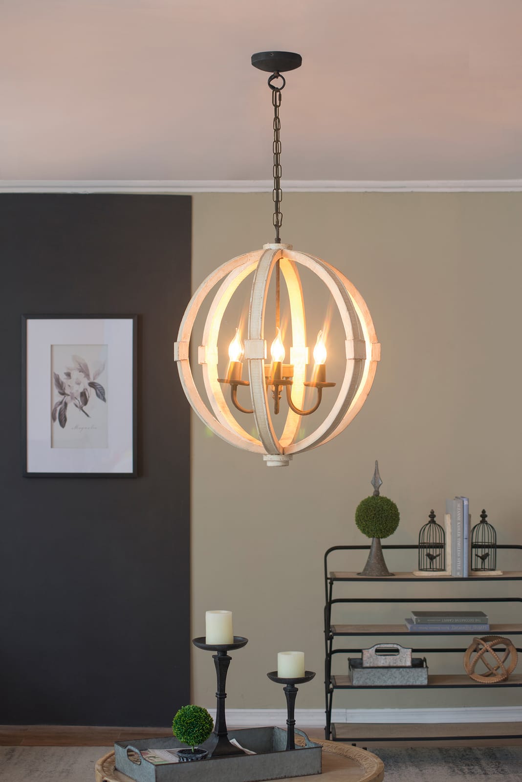 6-Light Wood Chandelier - White Pine, Kitchen Dining Room