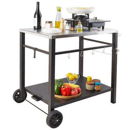 Black Iron BBQ Grill Cart with Stainless Steel Table - 35" Kitchen Island