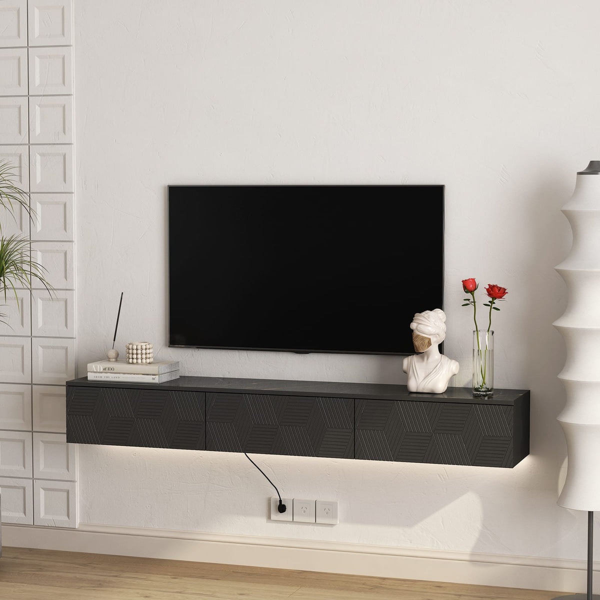 66 Inch Black MDF Floating TV Stand with LED Lights