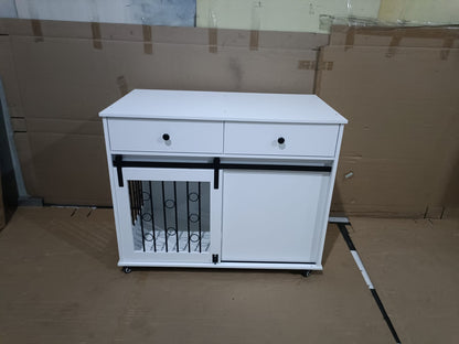 White MDF Dog Crate Bed - 39.37" End Table with Drawers