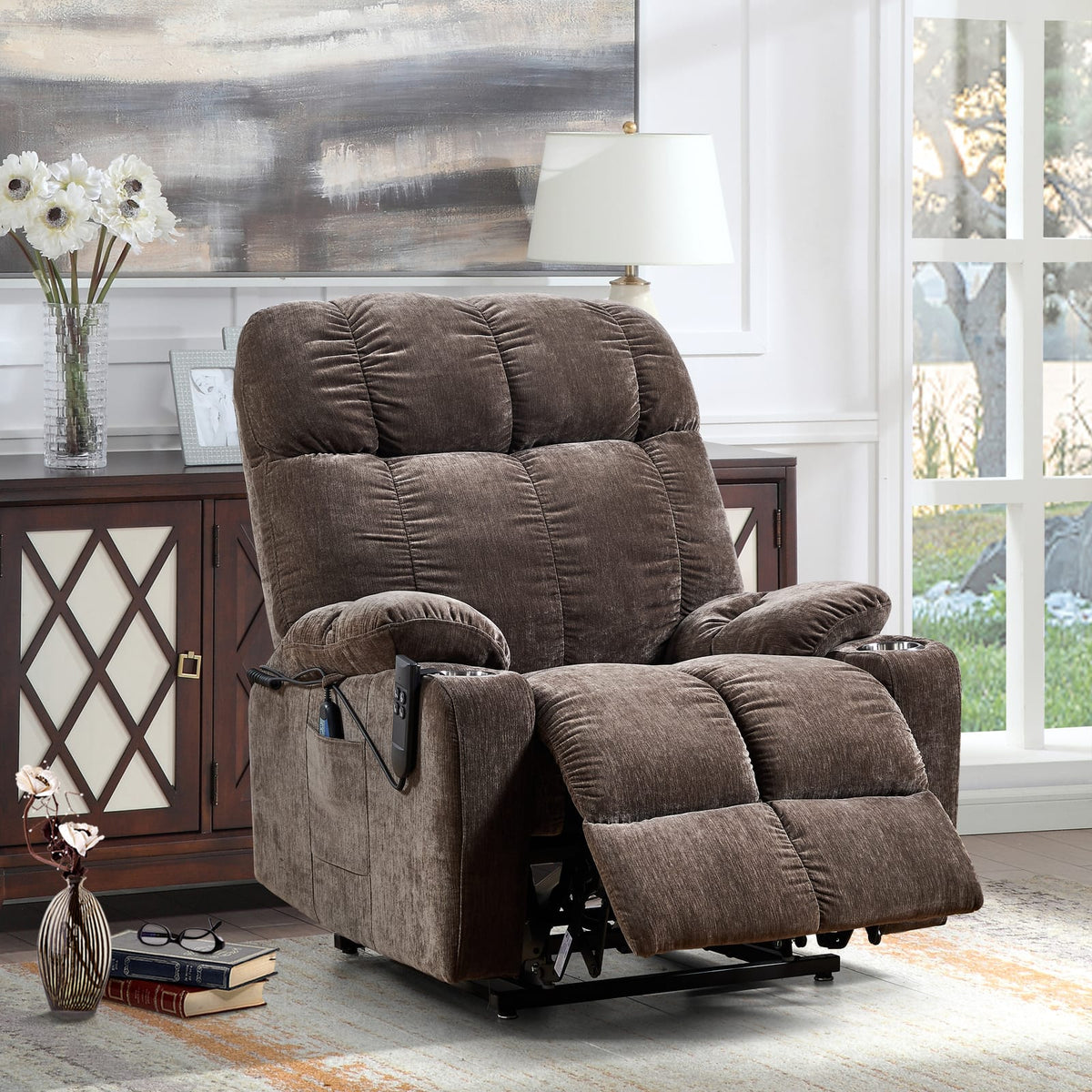 Liyasi Power Recliner - Brown Fabric, Dual OKIN Motor for Living Room