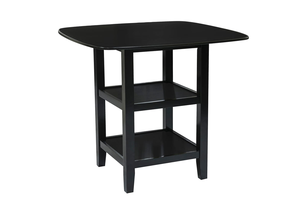 Black Counter Height Dining Set with Shelves and Four Chairs