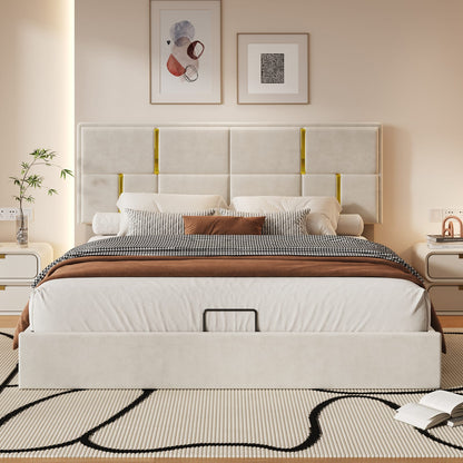 Beige Velvet Platform Bed with Hydraulic Storage for Queen Size for Bedroom