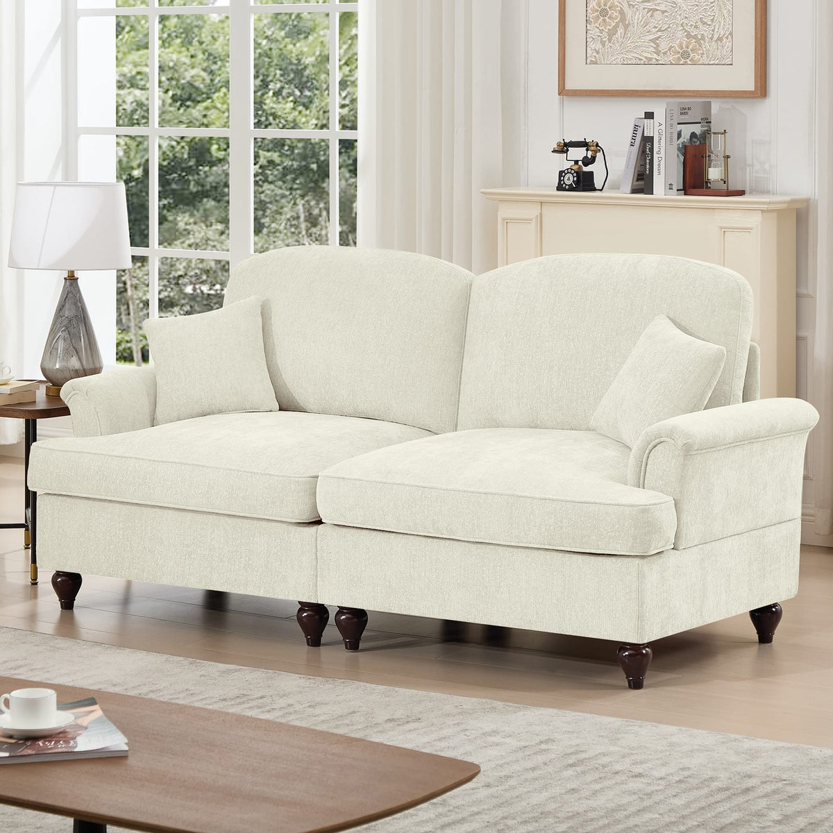 Two Seat Beige White Chenille Sofa Couch with Ruffles for Living Room