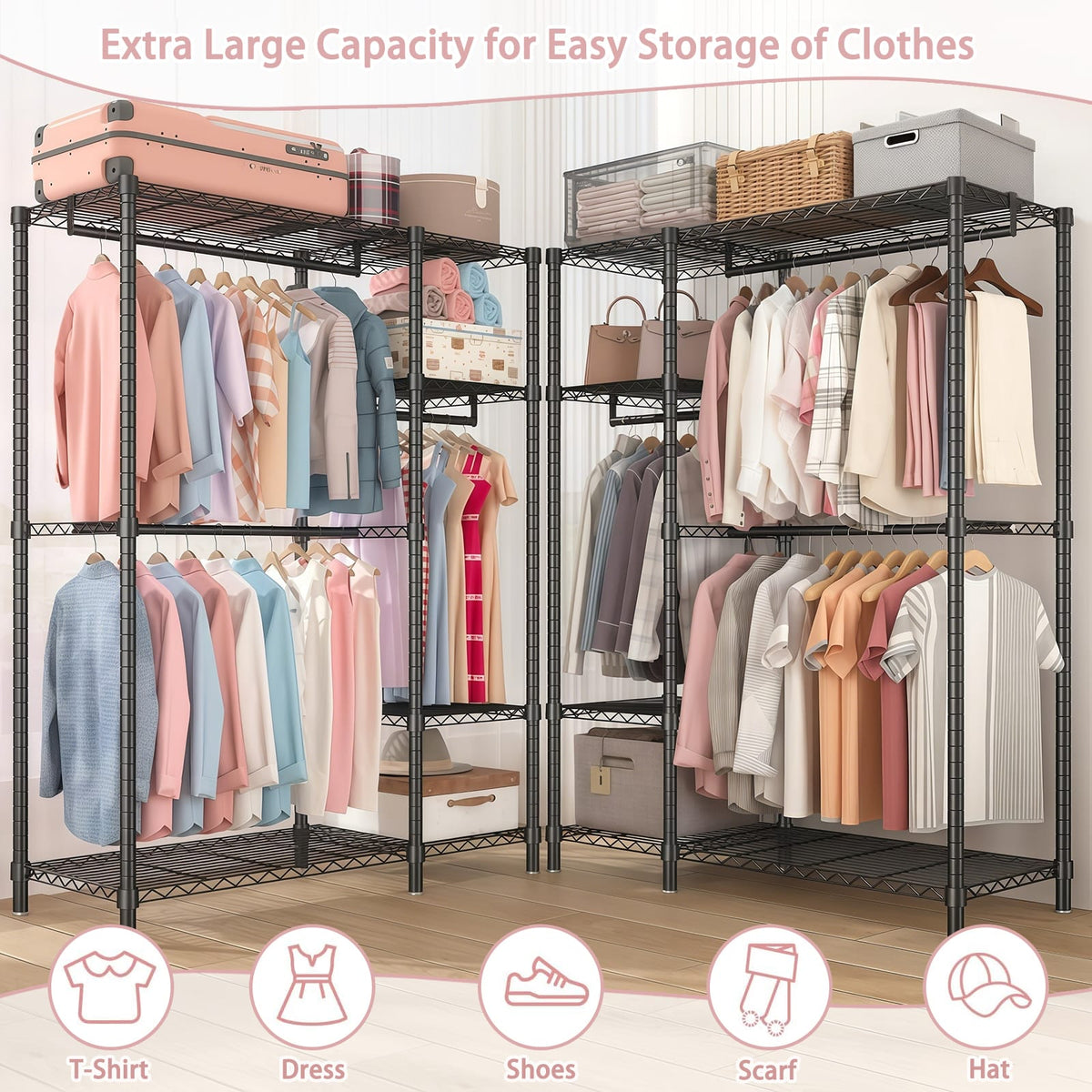 Heavy Duty Clothes Rack - Black Adjustable Shelving Unit