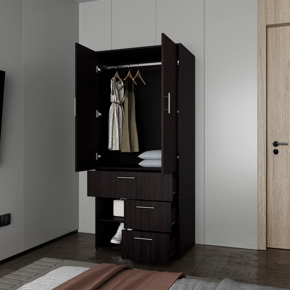 Black Two-Door Wardrobe with Shelves - 70.9" Wide