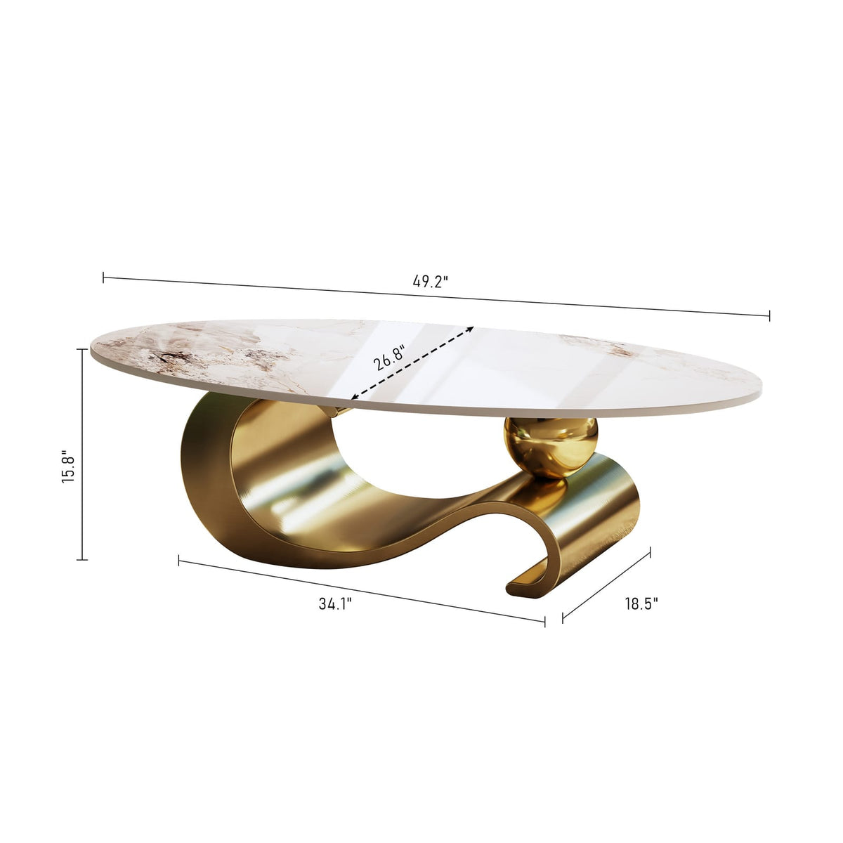 Gold Marble Coffee Table with Gold Steel Base, Oval Design for Living Room