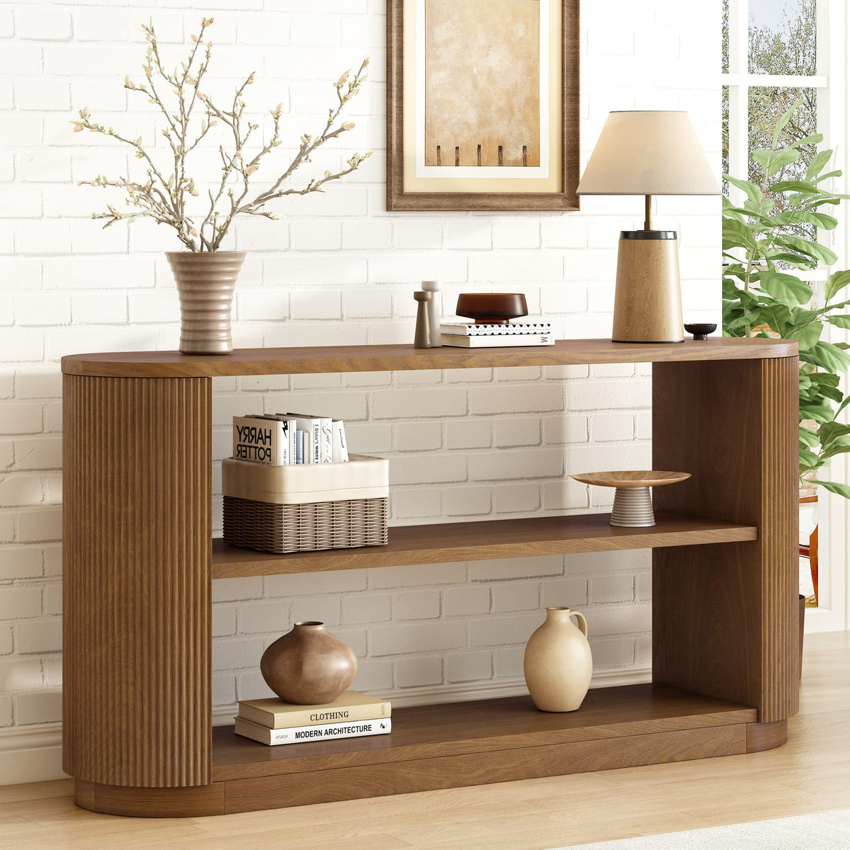 Brown Solid Wood Entryway Table - Sofa Table with Storage