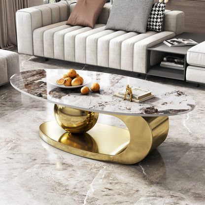 Gold Oval Faux Marble Coffee Table - Modern Living Room Style