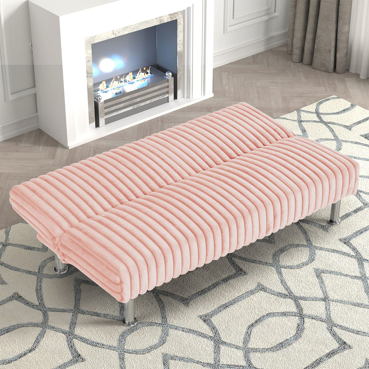 Pink Contemporary Futon Sofa with Metal Legs for Living Room Sleep