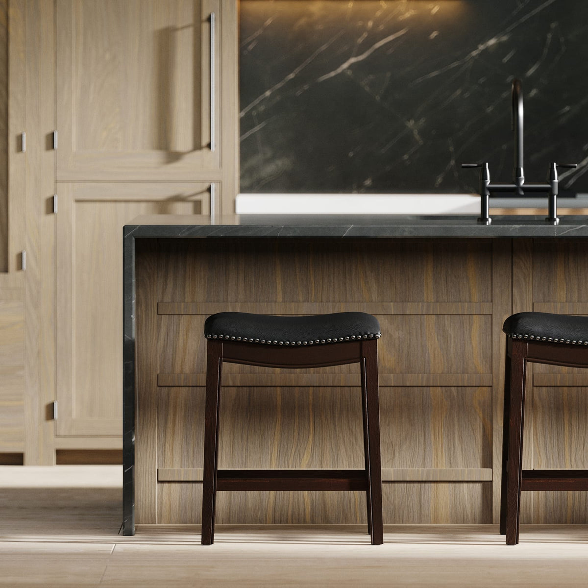 Black Counter Height Barstool - PU Leather Seat, 18" Wide for Bedroom