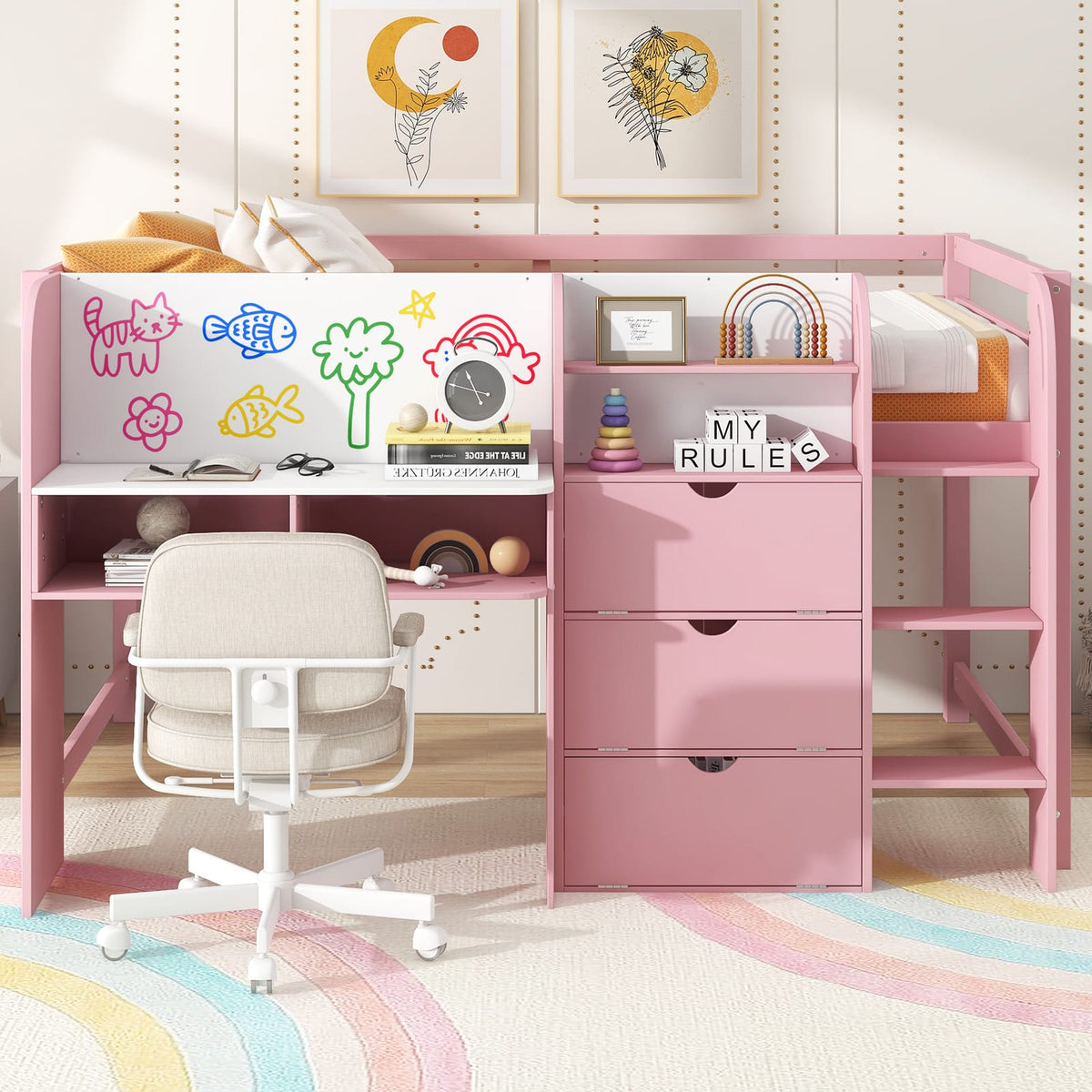Pink Low Loft Bed with Desk & Storage - Full Size for Bedroom