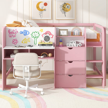 Pink Low Loft Bed with Desk & Storage - Full Size for Bedroom
