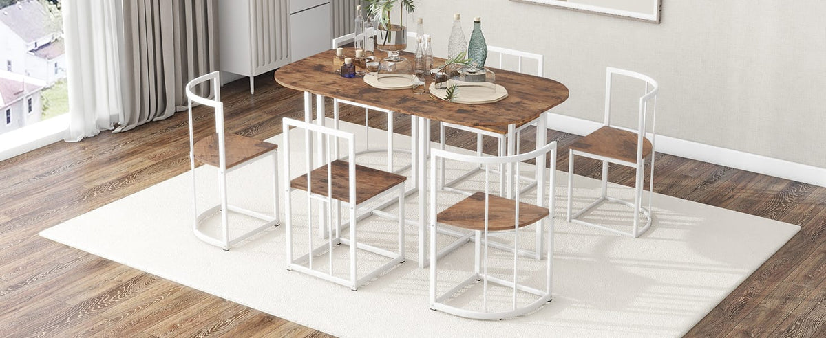 Modern 7-Piece Dining Table Set - White Iron, Seats 6