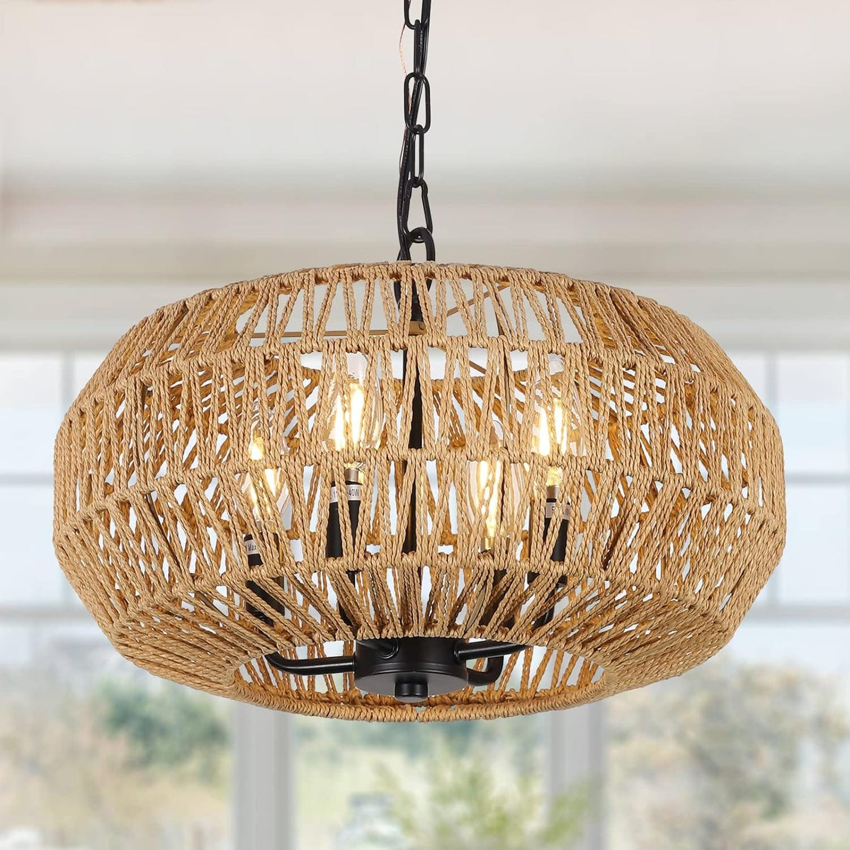 Farmhouse Rattan Pendant Lights - 4-Light Boho Chandelier