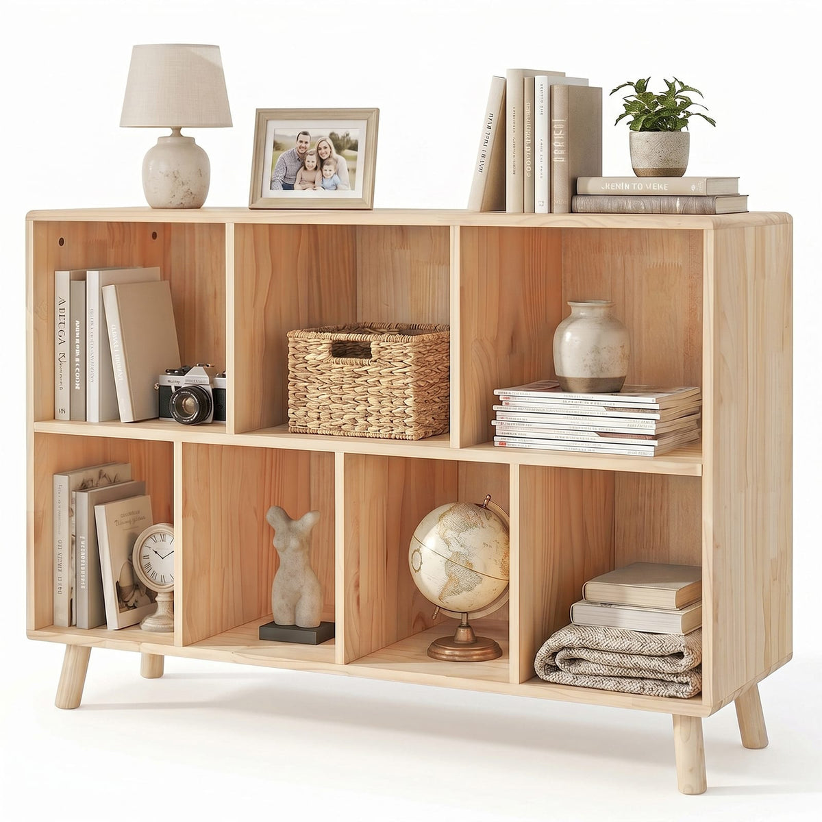 Solid Pine Wood Storage Cabinet - 7 Compartments, 45.5"L