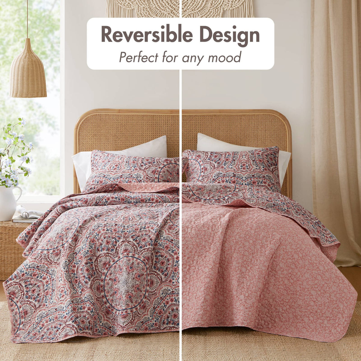 3-Piece King Boho Floral Reversible Quilt - Pink Polyester