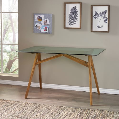 Mid-Century Wood and Glass Office Desk with Acacia Wood Base for Home Office