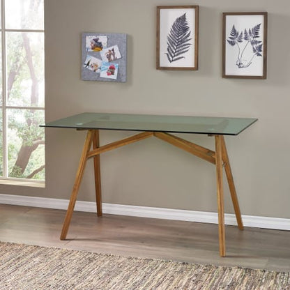 Mid-Century Wood and Glass Office Desk with Acacia Wood Base for Home Office
