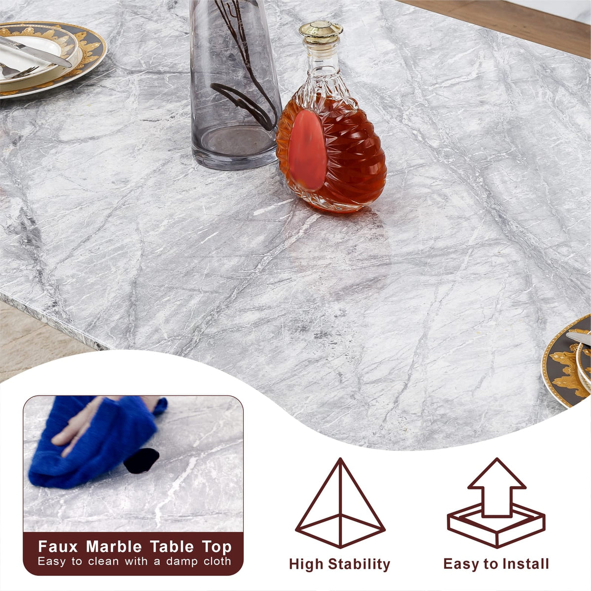 70" Silver Grey Marble Dining Table - Modern Rectangle for 6 People