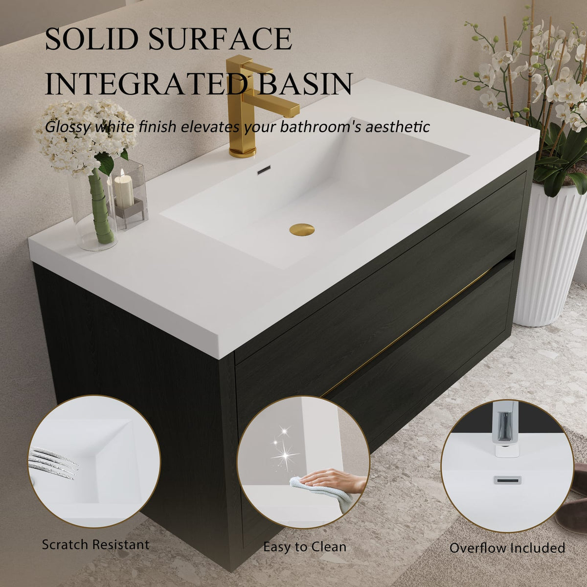 42" Espresso Wood Bathroom Vanity - Floating Storage Cabinet with Stone Resin Sink