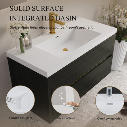 42" Espresso Wood Bathroom Vanity - Floating Storage Cabinet with Stone Resin Sink