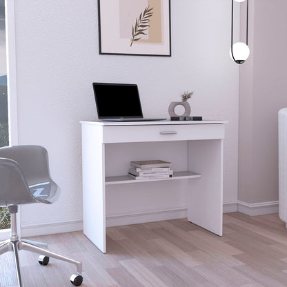 White Computer Desk with Drawer & Shelf - Compact Workstation for Home Office