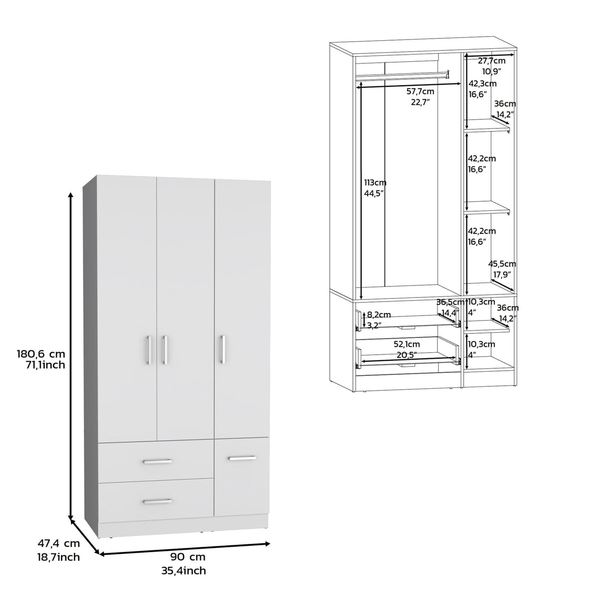 71" White Wardrobe with Hanging Rail & 6 Shelves for Bedroom