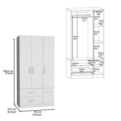 71" White Wardrobe with Hanging Rail & 6 Shelves for Bedroom