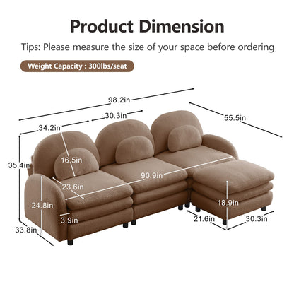 Camel Teddy Fabric 3-Seat Sofa - Curved Backrest & Armrests