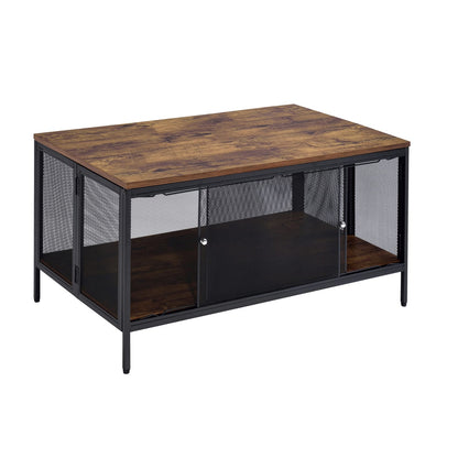 Antique Oak & Black Coffee Table - 4 Sliding Doors