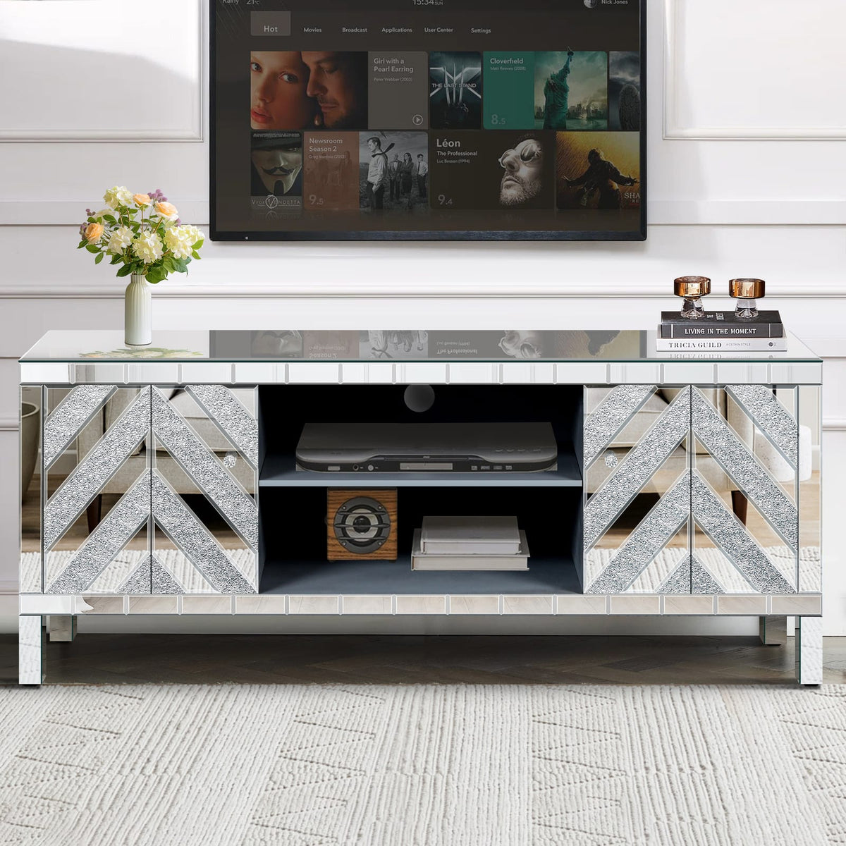65 Inch TV Stand with Storage - Silver Antique Style