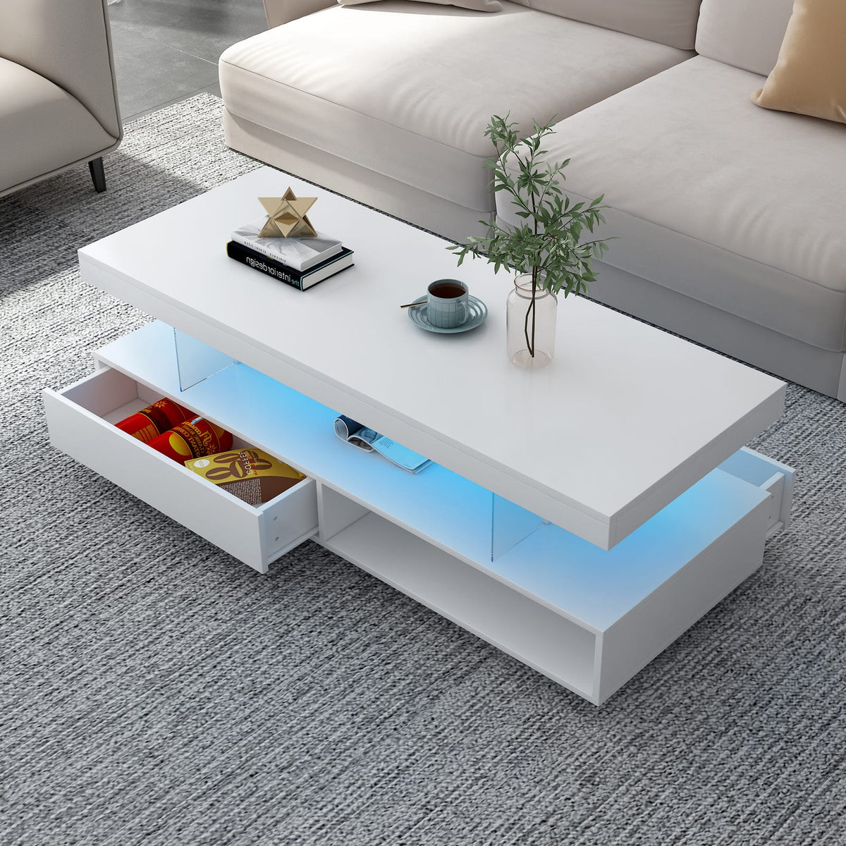 White LED Coffee Table with Storage Drawers