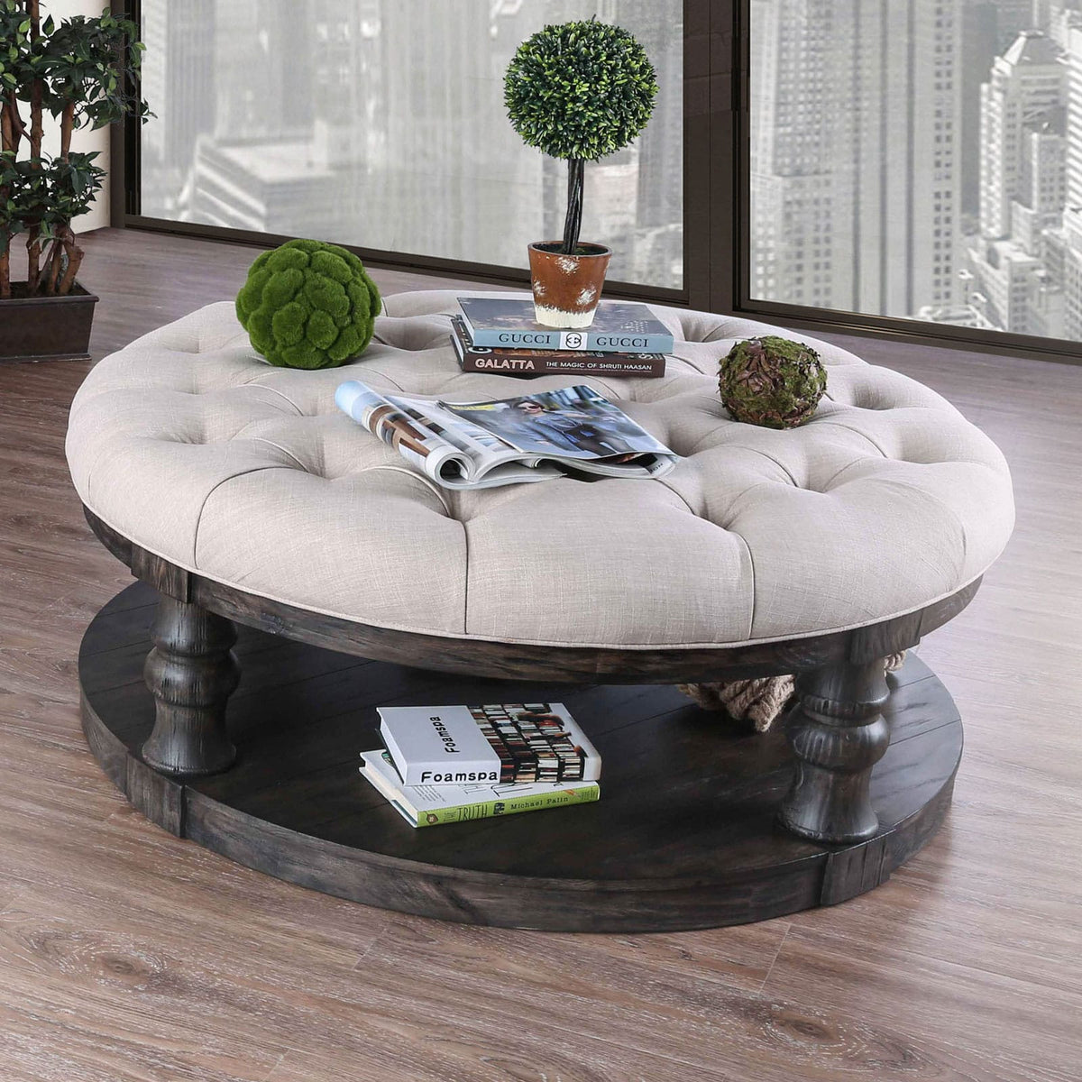 Antique Grey Round Wooden Coffee Table - Rustic Style for Living Room