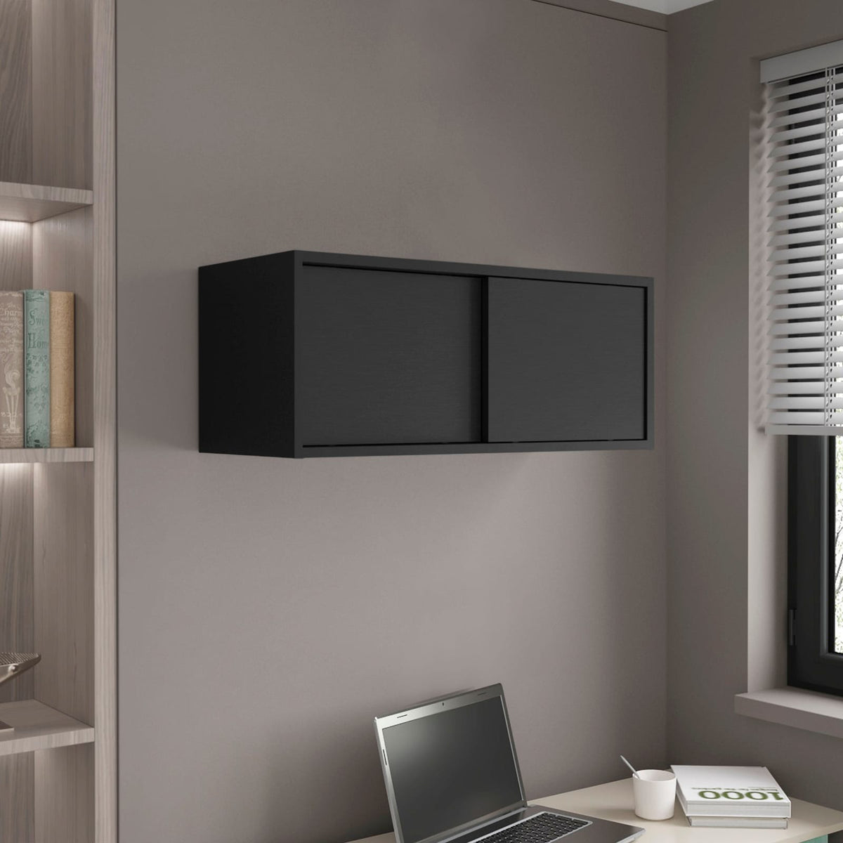 Black Wall Cabinet - 13" H, 2 Sliding Doors, Storage