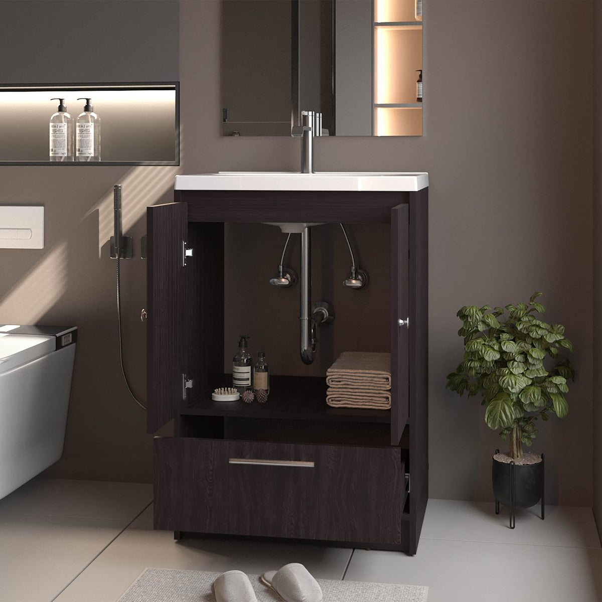 Wenge Bathroom Vanity with Sink - 36" Freestanding Storage