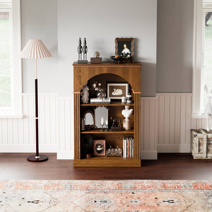 Walnut Melamine Arched Bookshelf - 3 Tier Display Shelf for Living Room