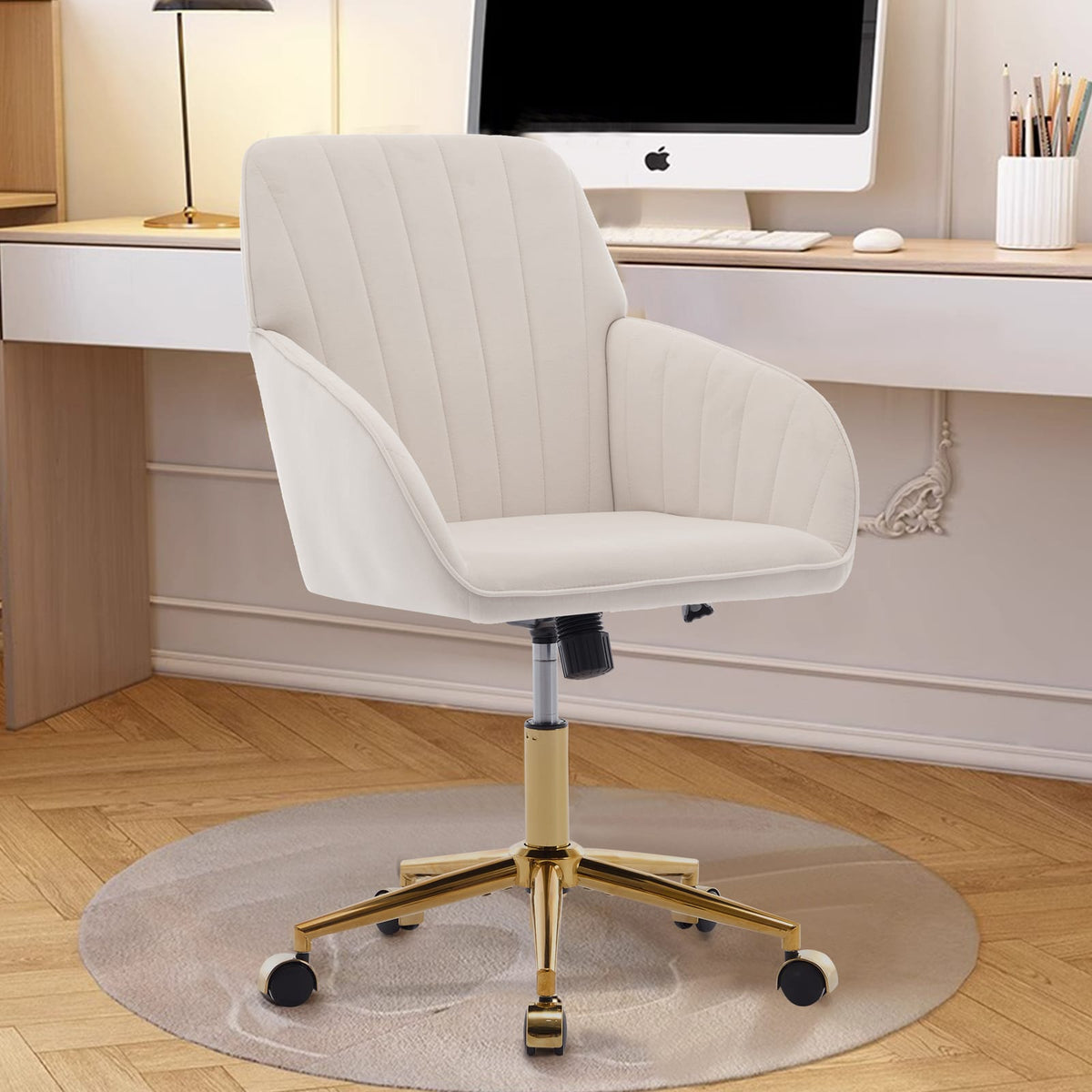 Beige Velvet Ergonomic Office Chair - Adjustable Swivel Chair