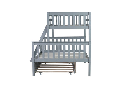 Twin Over Full Bunk Bed with Trundle - Grey Rubber Wood for Bedroom