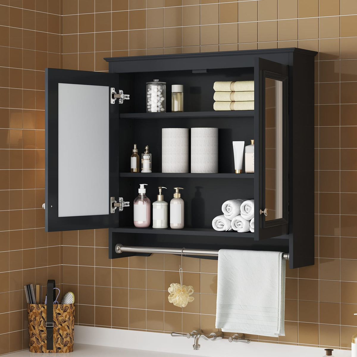 Black Bathroom Storage Cabinet with Mirror - 30 Inch Wall Mounted