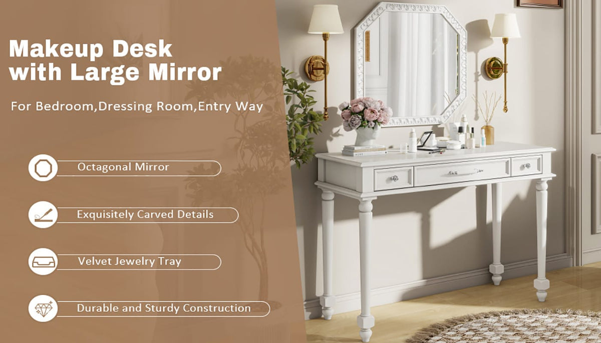 White Makeup Desk with Mirror - 3 Drawers, Storage Console Table for Bedroom
