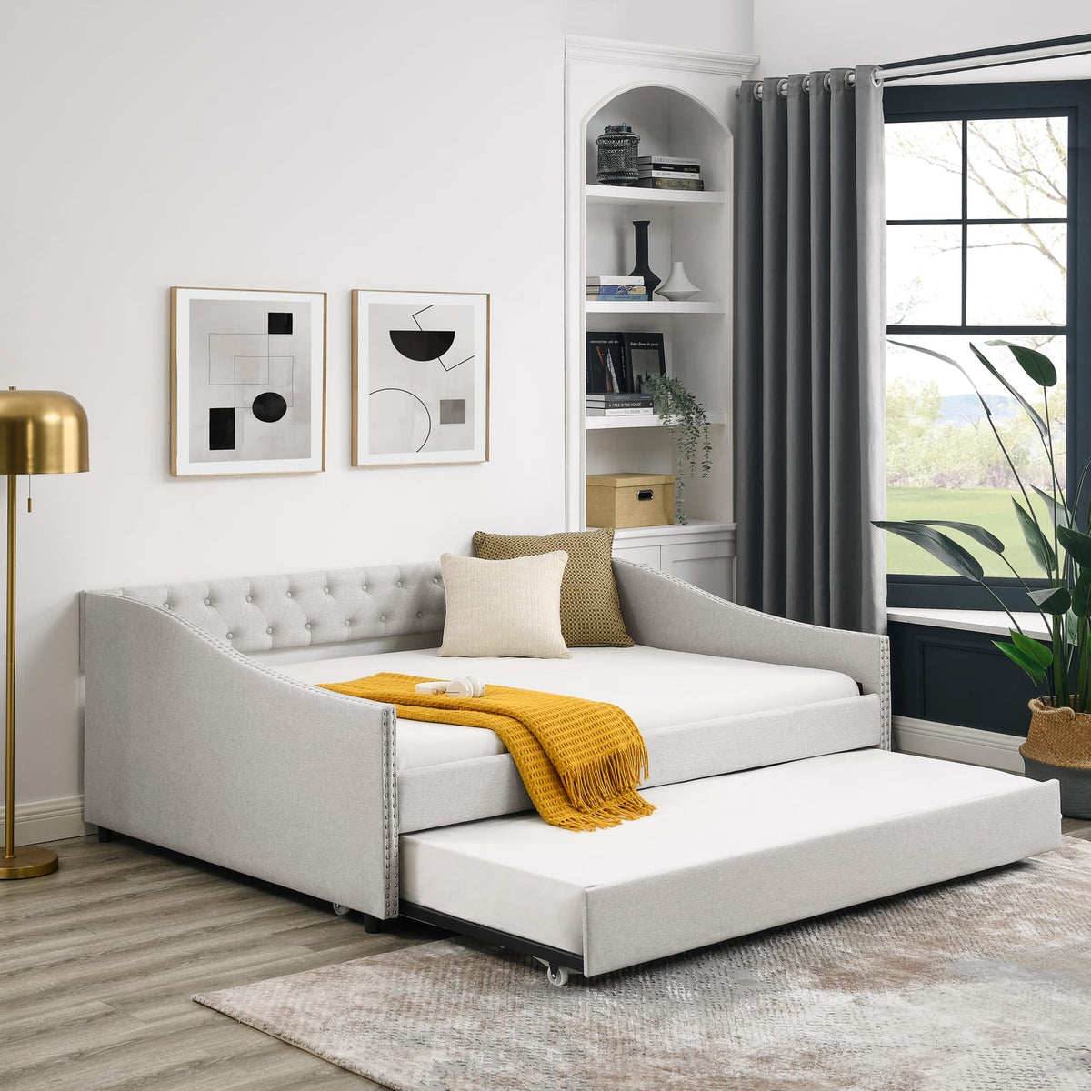 Beige Mid-Century Daybed with Trundle Storage for Comfortable Seating for Living Room